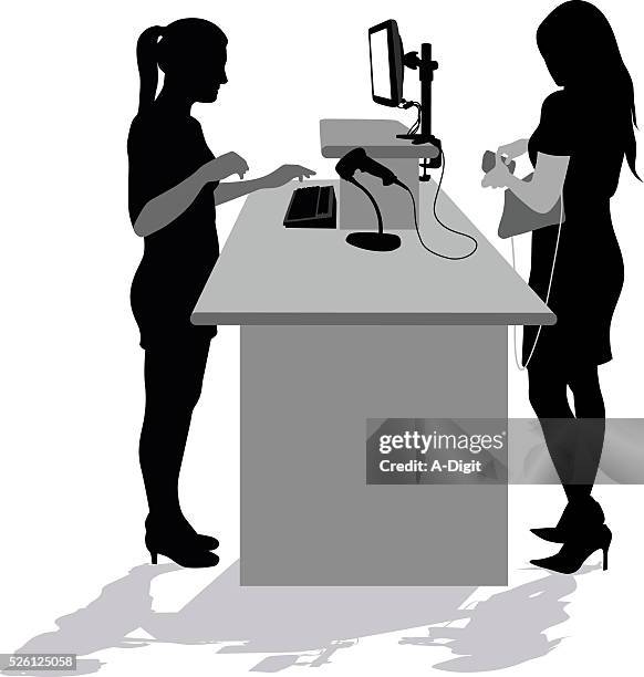 stockillustraties, clipart, cartoons en iconen met checkout computer silhouette - caissière