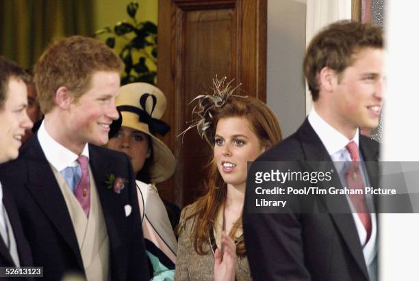 Royal cousins Prince William, Prince Harry and Princess Beatrice with Tom Parker-Bowles attend the civil ceremony marriage of HRH the Prince of...