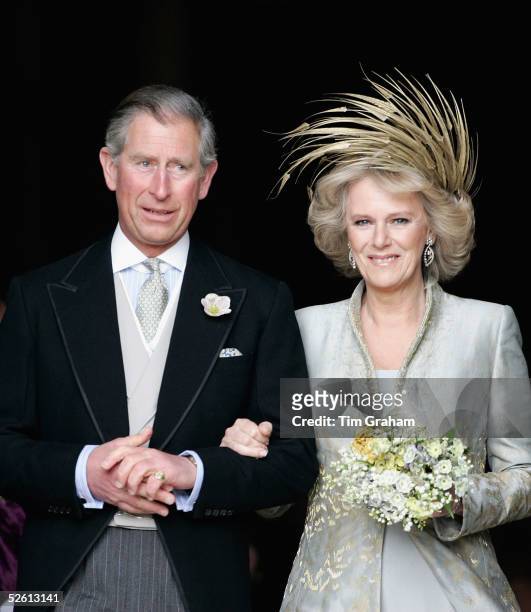 The Prince of Wales, Prince Charles, and The Duchess Of Cornwall, Camilla Parker Bowles in silk dress by Robinson Valentine and head-dress by Philip...