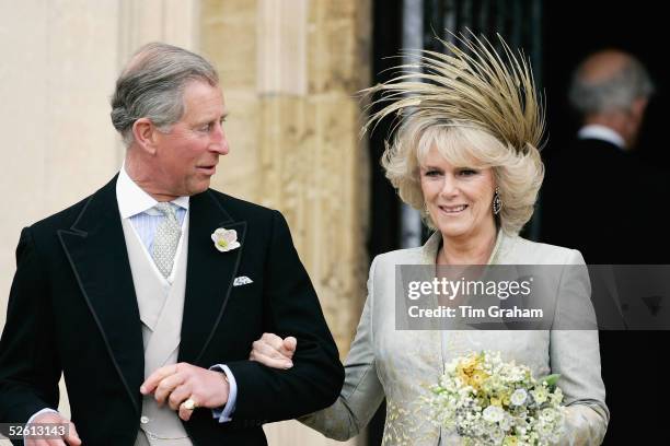 The Prince of Wales, Prince Charles, and The Duchess Of Cornwall, Camilla Parker Bowles in silk dress by Robinson Valentine and head-dress by Philip...