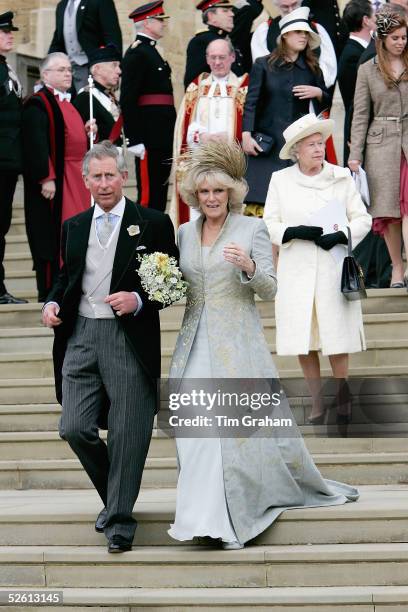 The Prince of Wales, Prince Charles, and The Duchess Of Cornwall, Camilla Parker Bowles in silk dress by Robinson Valentine and head-dress by Philip...