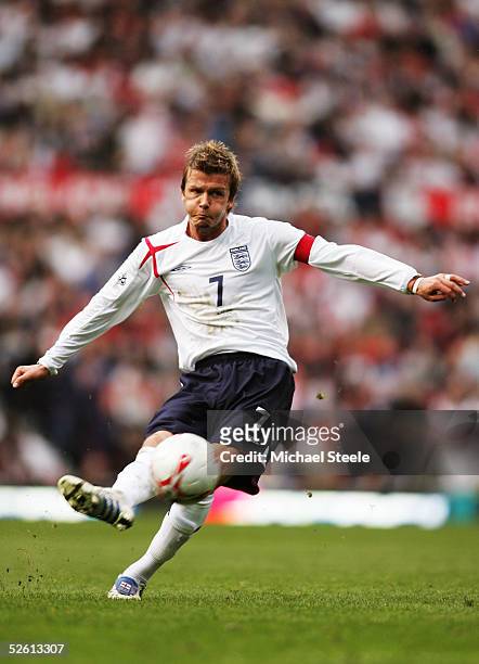 David Beckham of England in action during the World Cup Qualifier Group 6 match between England and Northern Ireland at Old Trafford on March 26,...