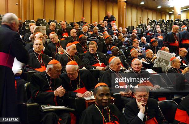 Cardinals meet for the daily General Congregation of Cardinals in the Synod Hall April 11, 2005 in Vatican City. The meetings involve all cardinals...