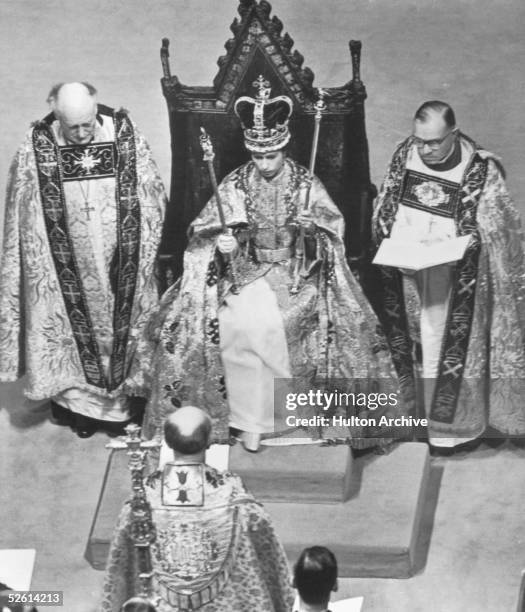 Queen Elizabeth II in Westminster Abbey during her coronation, 2nd June 1953.