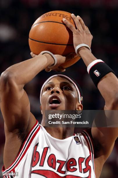 Sebastian Telfair of the Portland Trail Blazers shoots a free throw against the Houston Rockets during a game on March 30, 2005 at the Rose Garden...