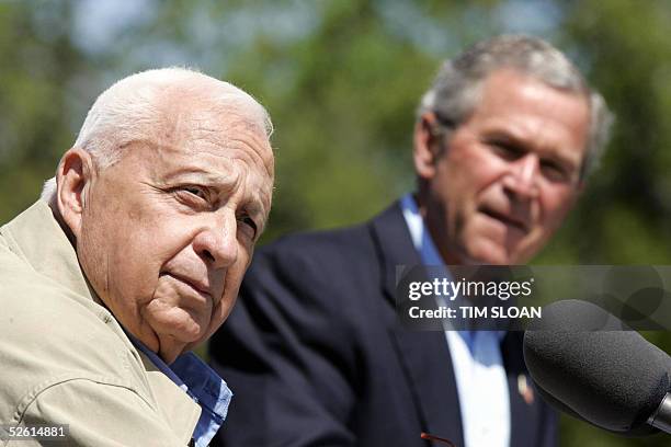 President George W. Bush is shown with Israel's Prime Minister Ariel Sharon during their joint press meeting on Bush's Prairie Chapel ranch 11 April,...