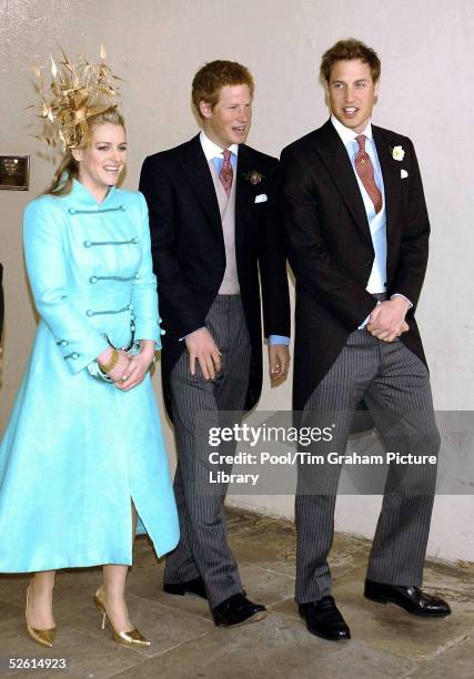 Prince William and Prince Harry walk with Laura Parker Bowles after the civil ceremony marriage of HRH Prince Charles, the Prince of Wales, and...