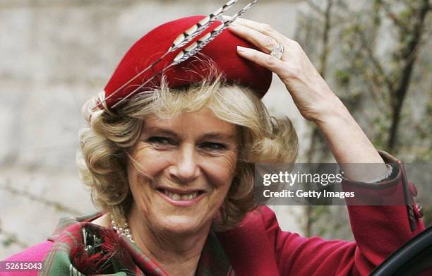 Camilla, the Duchess Of Cornwall, attends Sunday church service on the first day of her honeymoon, at Crathie Church, Balmoral on April 10, 2005 in...