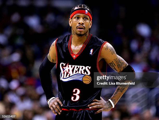 Allen Iverson of the Philadelphia 76ers stands on the court during the game against the Los Angeles Clippers on January 2, 2005 at Staples Center in...