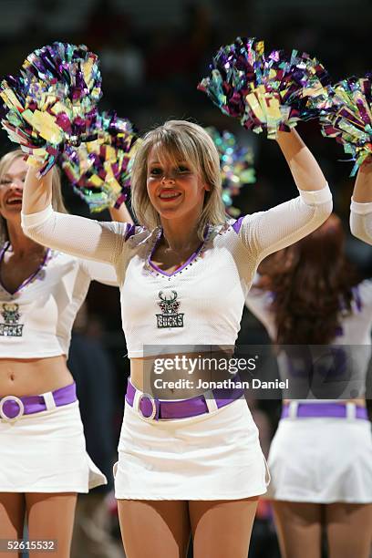 Energee! - the Milwaukee Bucks cheerleaders - perform during an intermission in the game between the Cleveland Cavaliers on March 16, 2005 at Bradley...