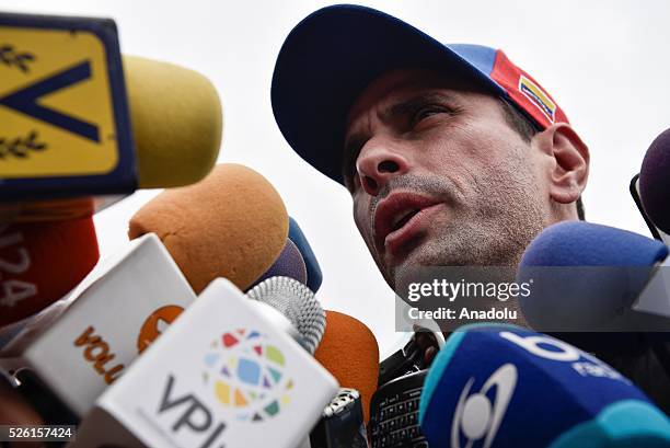 Governor of Miranda state Henrique Capriles address to the press outside the Ramo Verde Military Prision after the unsuccssesfull attempt to visit...