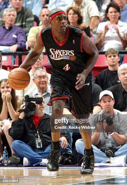 Chris Webber of the Philadelphia 76ers moves the ball against the Sacramento Kings March 28 at Arco Arena in Sacramento, California. The Kings won...