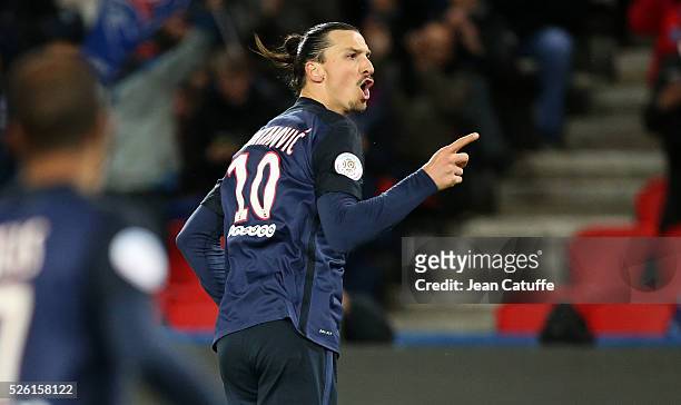 Zlatan Ibrahimovic of PSG celebrates his second goal during the French Ligue 1 match between Paris Saint-Germain and Stade Rennais FC at Parc des...