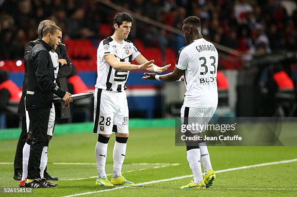 Yoann Gourcuff of Rennes is replacing Joris Gnagnon during the French Ligue 1 match between Paris Saint-Germain and Stade Rennais FC at Parc des...