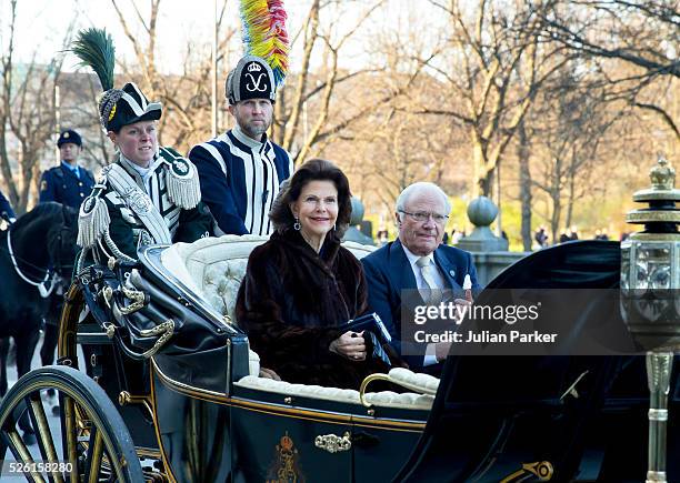 Queen Silvia of Sweden, and King Carl Gustaf of Sweden, arrive for a Concert at the Nordic Museum, on the eve of King Carl Gustaf of Sweden's 70th...