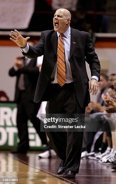 Head coach Seth Greenberg of the Virginia Tech Hokies shouts from the sideline during the game against the Maryland Terrapins on March 5, 2005 at...