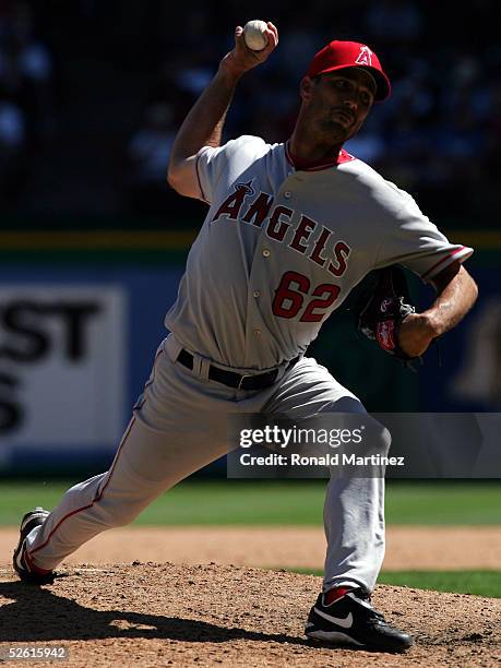 Pitcher Scot Shields of the Los Angeles Angels of Anaheim throws against the Texas Rangers April 11, 2005 at Ameriquest Field in Arlington in...