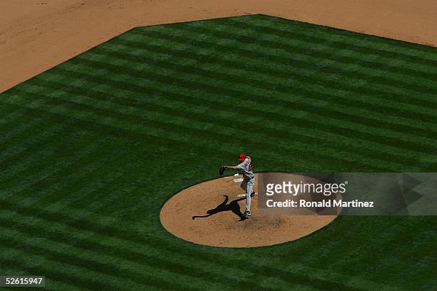Pitcher Chris Bootcheck of the Los Angeles Angels of Anaheim throws against the Texas Rangers April 11, 2005 at Ameriquest Field in Arlington in...