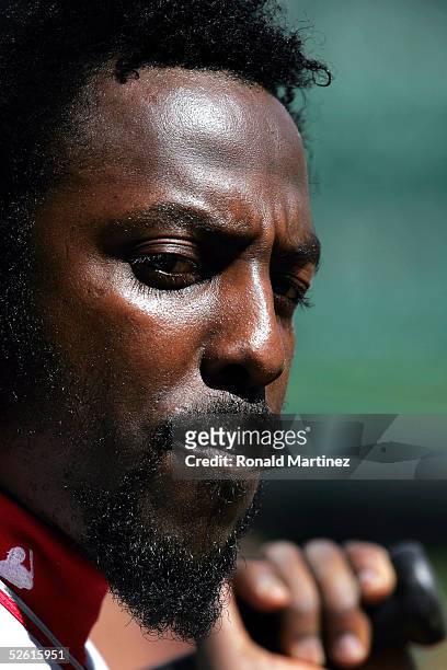 Vladimir Guerrero of the Los Angeles Angels of Anaheim waits to bat against the Texas Rangers April 11, 2005 at Ameriquest Field in Arlington in...