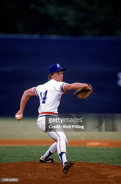 Tom Glavine of the Sumpner Braves pitching during the 1985 season. Tom Glavine played for the Atlanta Braves from 1987-2002.