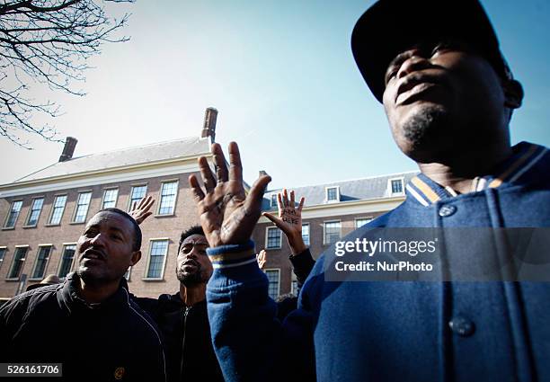 Asylum seekers who have been refused permits to stay in The Netherlands protested for the second day in a row in the Dutch capital on April 17, 2015....