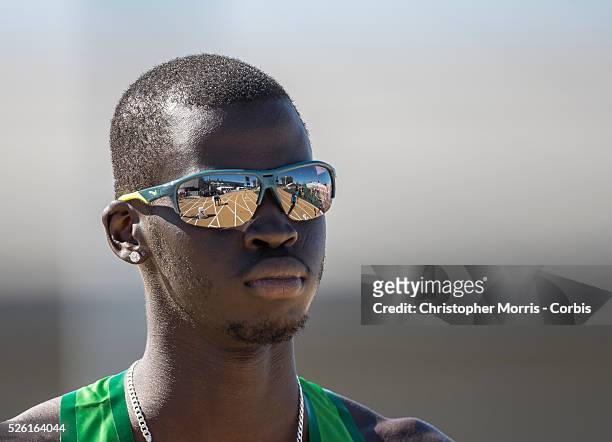 The 2014 USA Track and Field Championships in Sacramento: Men's 800 meter, 1st round- Charles Jock with the track reflected in his glasses.