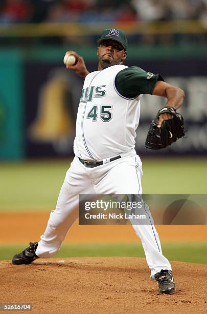 Dewon Brazelton of the Tampa Bay Devil Rays winds up during the game with the Toronto Blue Jays at the Tropicana Field home opener at on April 4,...