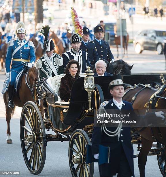 King Carl Gustaf of Sweden and Queen Silvia of Sweden arrive by carriage to the Nordic Museum to attend a concert of the Royal Swedish Opera and...