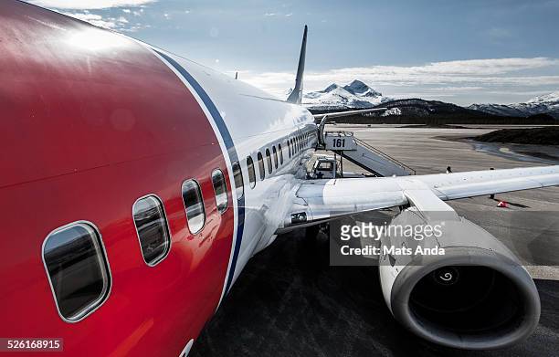tourist airplane bringing you around the world - nordic landscape stockfoto's en -beelden