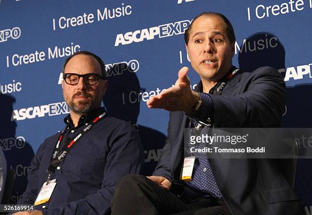Attorney Brad Shenfeld and composer Didier Lean Rachou speak onstage during the 'Composer's Ultimate Survival Kit' panel, part of the 2016 ASCAP "I...