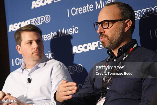 Composer Joey Newman and attorney Brad Shenfeld speak onstage during the 'Composer's Ultimate Survival Kit' panel, part of the 2016 ASCAP "I Create...