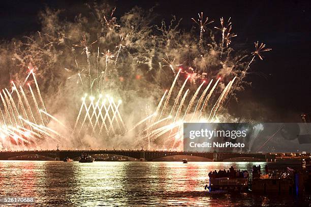 The frigate with scarlet sails floats on the Neva River in St. Petersburg, Russia. 20 june, 2014. The frigate participated in festivities marking...