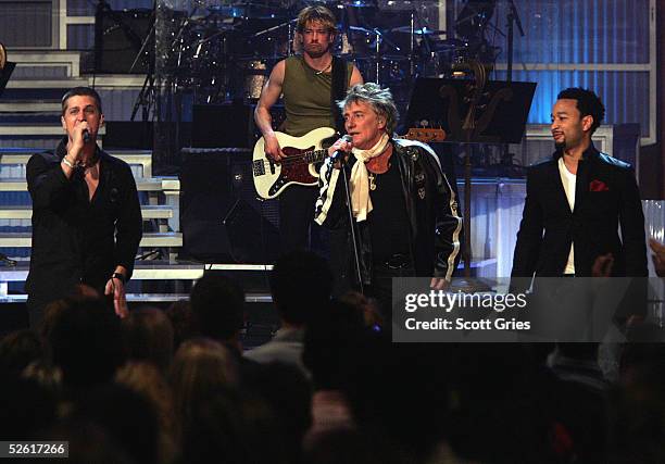 Singers Rob Thomas, Rod Stewart and John Legend perform at "Save The Music: A Concert To Benefit The VH1 Save The Music Foundation" at the Beacon...