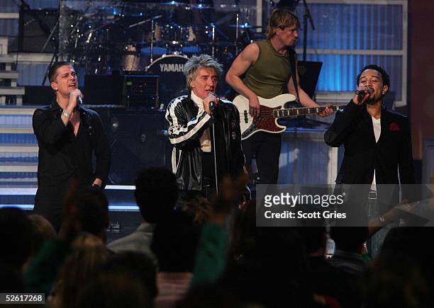 Singers Rob Thomas, Rod Stewart and John Legend perform at "Save The Music: A Concert To Benefit The VH1 Save The Music Foundation" at the Beacon...