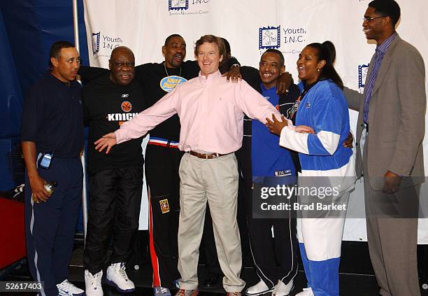 John Starks, Cal Ramsey, Michael Richardson, Earl Monroe, Dean Meminger, Kim Hampton, Charles Smith and Steve Orr pose for photos at the 2005 Net...