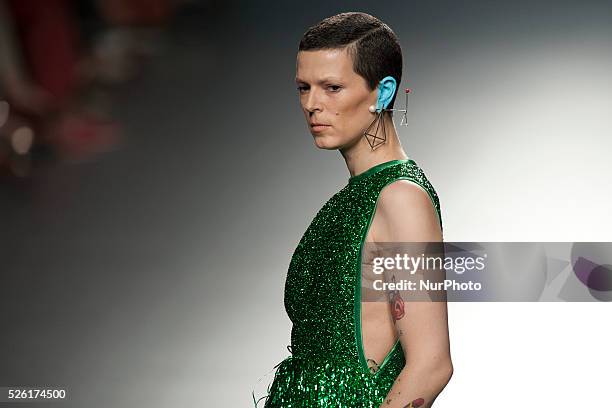 Spanish model Bimba Bose walks the runway in the Davidelfin fashion show during the Mercedes Benz Fashion Week Madrid Spring/Summer 2015 at Ifema on...