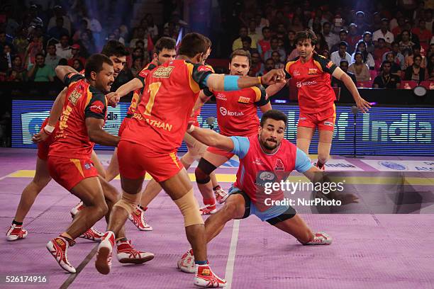 Players of Jaipur Pink Panthers and Bengaluru Bulls kabaddi team in action during the Pro Kabaddi League match at Sawai Mansingh Indoor stadium in...