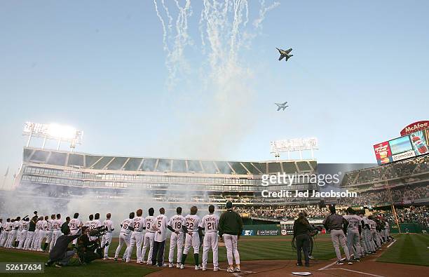 General view of McAfee Coliseum as jets fly by before the Oakland Athletics and Toronto Blue Jays MLB game April 11, 2005 at the McAfee Coliseum in...