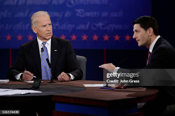 Vice President Joe Biden debates Republican vice presidential nominee Paul Ryan during the U.S. Vice presidential debate in Danville, Kentucky...