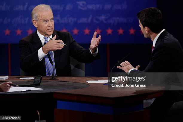 Vice President Joe Biden debates Republican vice presidential nominee Paul Ryan during the U.S. Vice presidential debate in Danville, Kentucky...