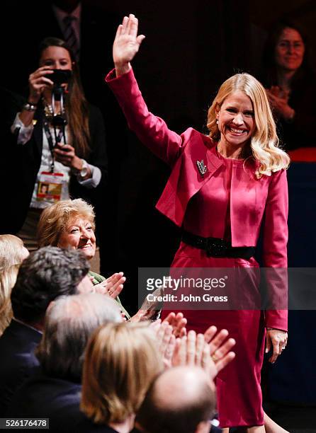 Janna Ryan, wife of Republican vice presidential nominee Paul Ryan, waves to the audience before the U.S. Vice presidential debate in Danville,...