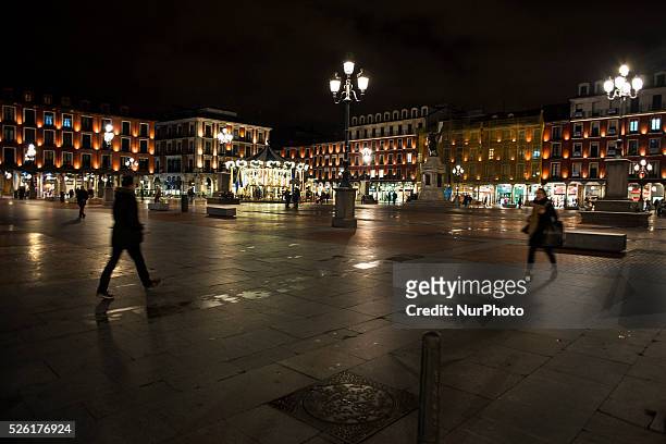 Panoramic night in the main square of Valladolid, the first regular square of Spain built in the sixteenth century VALLADOLID-SPAIN . Valladolid is a...