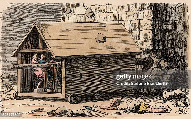 Battering ram, siege engine - Coloured engraving by Heinrich Leutemann - Bilder aus dem Altertume 1866