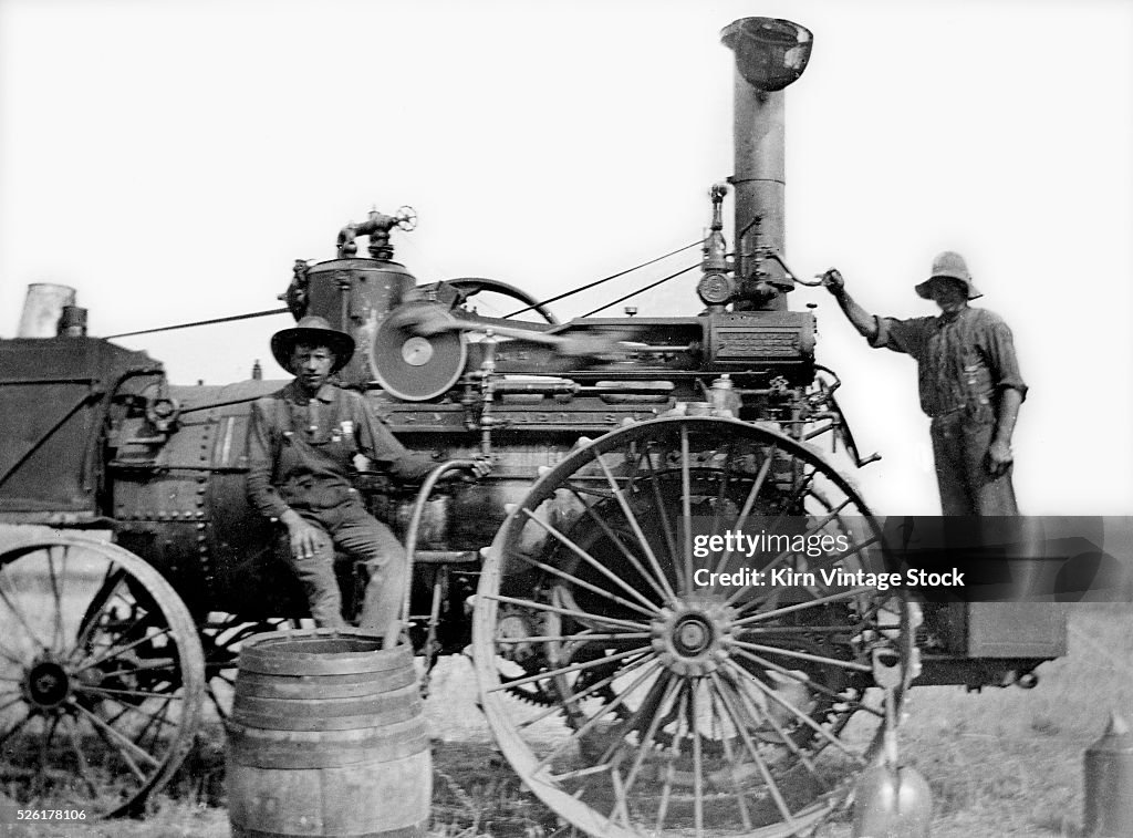 Steam-powered tractor, ca. 1900.