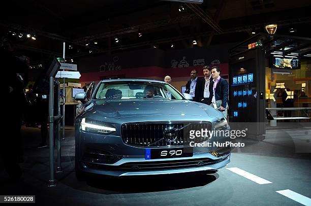 New Volvo S90 exhibited in the Ericsson stand during the last day of Mobile World Congress in Barcelona, 24th of February, 2016.