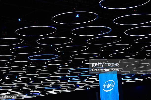 The Intel stand during the last day of Mobile World Congress in Barcelona, 24th of February, 2016.