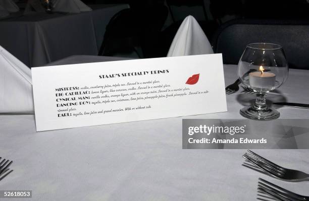 Drinks menu sits on display at the opening night of Leslie Zemeckis's burlesque revue act "Staar" at The Conga Room on April 11, 2005 in Los Angeles,...