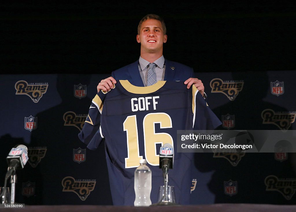 Quarterback Jared Goff of the Los Angeles Rams holds up his jersey ...