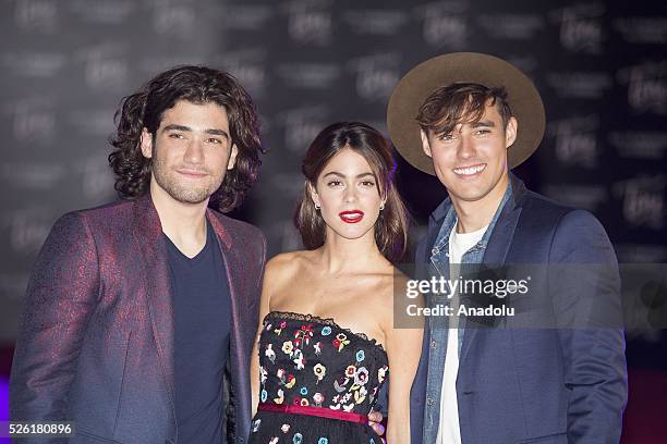 Adrian Salzedo, Martina Stoessel and Jorge Blanco attend the premiere of Tini-La nuova vita di Violetta at Auditorium Parco della Musica on April...