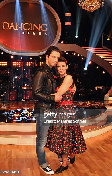 Thomas Kraml and Sabine Petzl pose during the 'Dancing Stars' TV show in Vienna at ORF Zentrum on April 29, 2016 in Vienna, Austria.